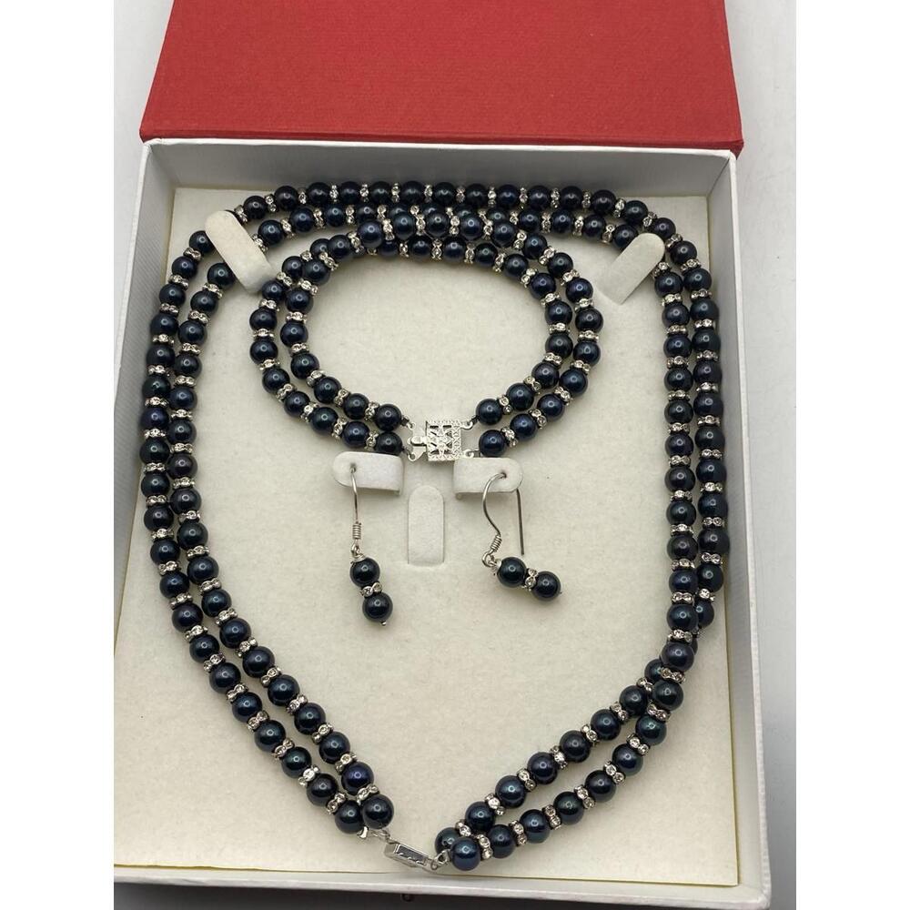 Vintage Set Steel Blue Faux Pearl Silver Rhinestone Róndeles Necklace Bracelet